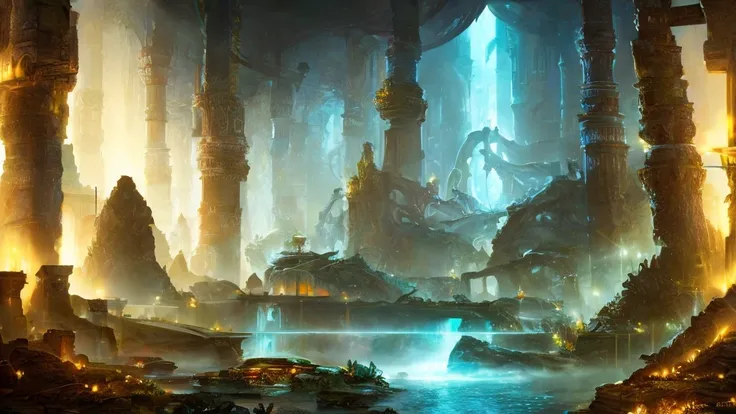 Styx River under portal to galaxy with clear water reflections under night sky + aerial view of Roman relics and gothic cathedrals under light clouds, dynamix water waves, magic mist and haze over the river, hypermaximalist, soft lighting, low contrast + l...