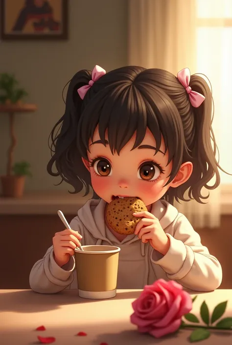 A  holding a paper cup with a spoon and her brother Ray Cookie in her hand is eating greedily. Her hair is fluffy and her eyes are small. On the table is a rose. 