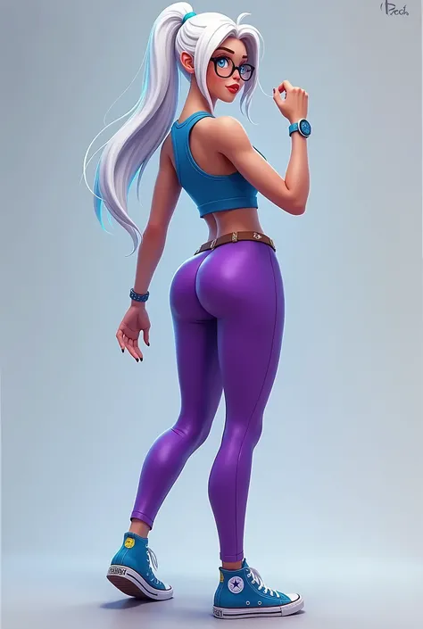 fortnite style girl, with long white hair, voluptuous hips, blue eyes, wearing allstar sneakers, glasses, blue tank top, collant roxa, full body back
