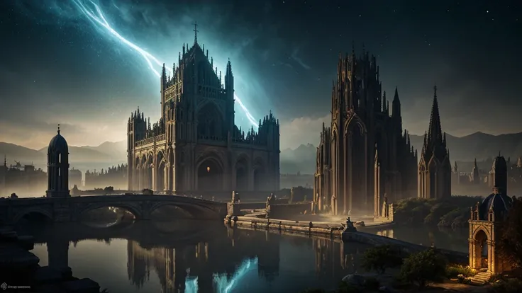 Styx River under portal to galaxy with clear water reflections under night sky + aerial view of Roman relics and gothic cathedrals under light clouds, dynamix water waves, magic mist and haze over the river, hypermaximalist, soft lighting, low contrast + l...