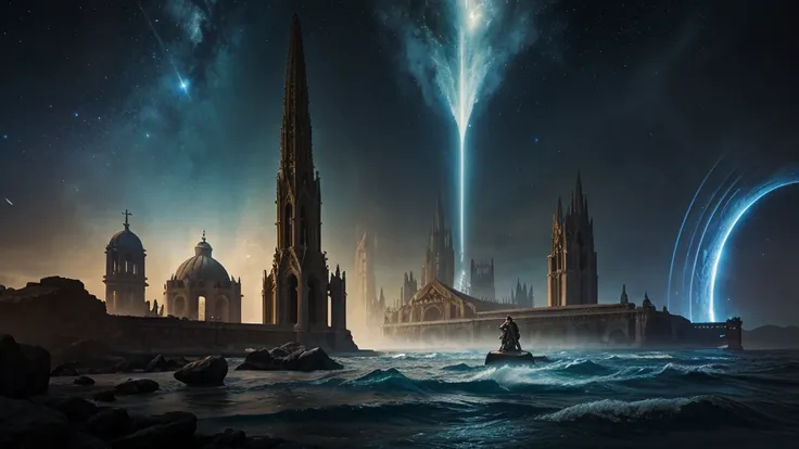 Styx River under portal to galaxy with clear water reflections under night sky + aerial view of Roman relics and gothic cathedrals under light clouds, dynamix water waves, magic mist and haze over the river, hypermaximalist, soft lighting, low contrast + l...