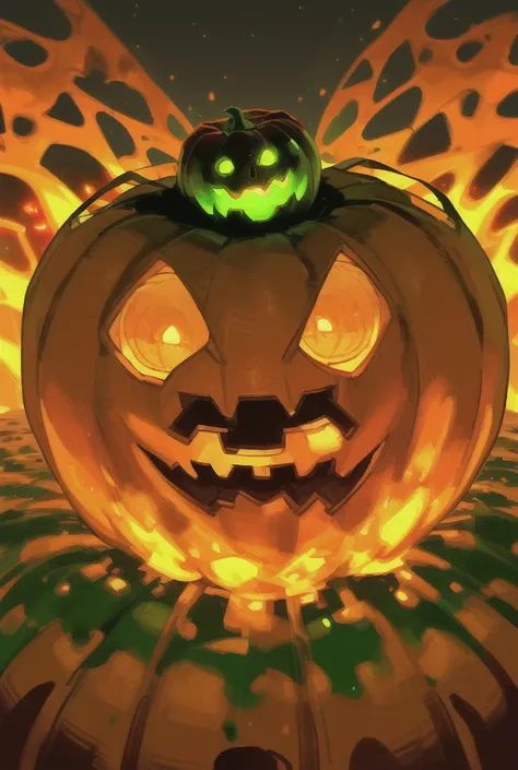 Giant pumpkin-shaped spider 🎃,with green fire coming out of his mouth and eyes ,apocalyptic background,,8K HD Quality