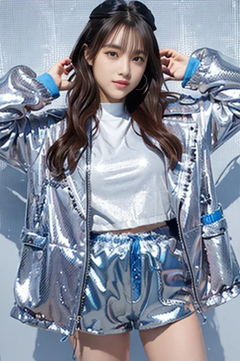 female idol、 silver sequin tight shorts、Full body Esbian、、 、Shiny Blue Jacket