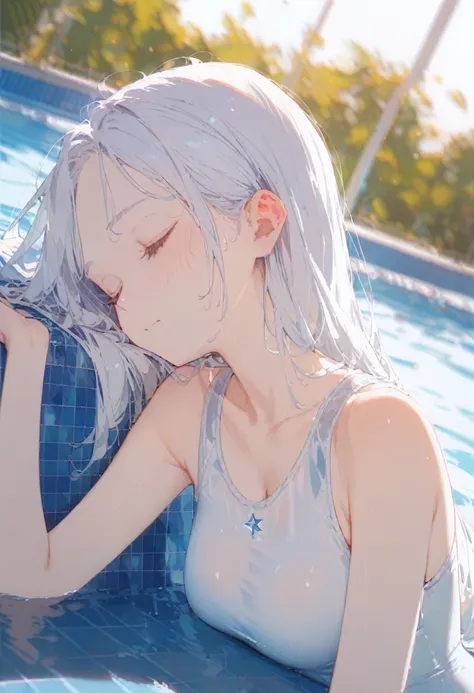 (masterpiece,best quality,ultra detailed, 1 girl, long white hair, white eyes, pale skin, closed mouth, closed eyes, sleeping in...