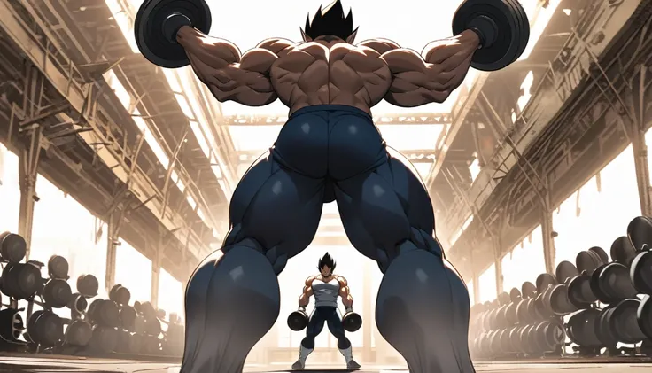 vegeta in gym lifting giant dumbbells