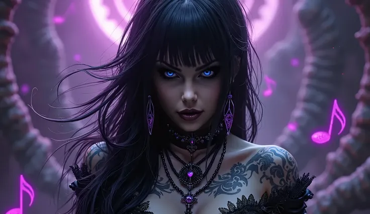 Stunning 3D render of a dark fantasy scene featuring a captivating and enchanting goth/punk woman named Callizto with black hair adorned with purple highlights and intricate tattoos. She has really pale porcelain skin and heavy gothic makeup. Callizto wear...