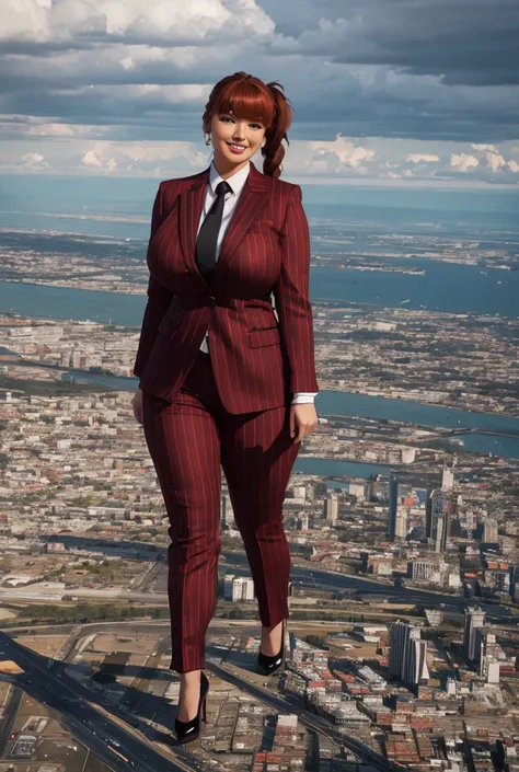 Giantess art, giga giantess in distance walking on through city, multiple women with beautiful curves, massive thighs, ginger hair in a fishtail braid, lipstick, wearing a perfect form-fitting red pinstripe trouser suit and blazer, crisp white shirt, and a...