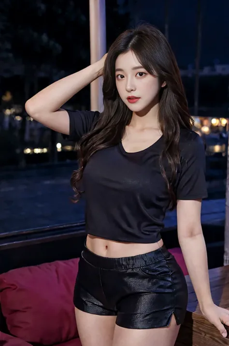 Miss, strike a seductive pose for the audience, alone:1, leave, beautiful thick thighs, background, long hair, 3/4 Main body, V-neck mini thermal shorts，night view