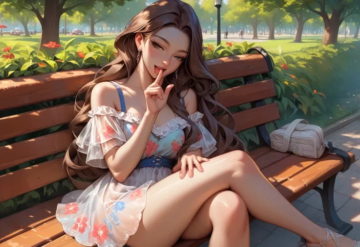 score_9, score_8_up, score_7_up, score_6_up, source_anime, 1girl, long hair, brown hair, cunnilingus gesture, floral dress, off shoulder, microdress, see-through dress, park bench, looking at viewer, half-closed eyes, licking, 