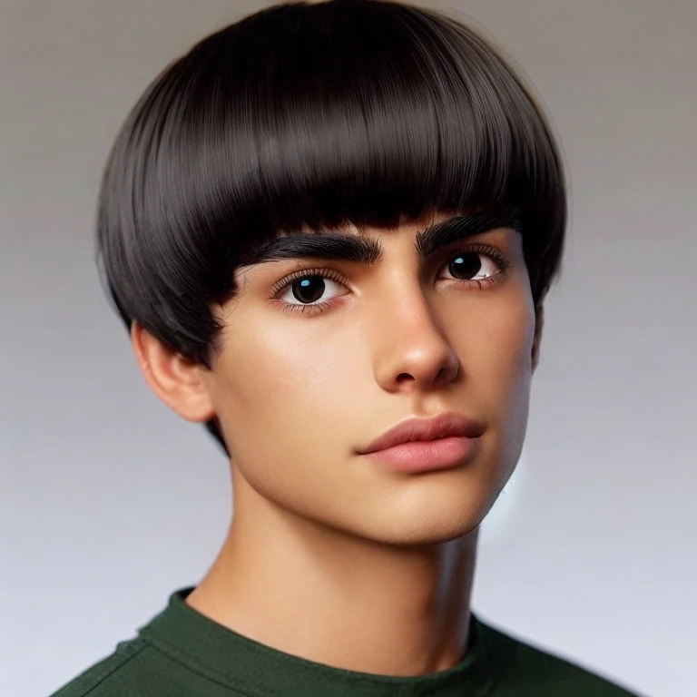 young man, tanned skin, black bowl cut hair, thick black eyebrows, round black eyes, big lips, forest green clothes, might guy, ...