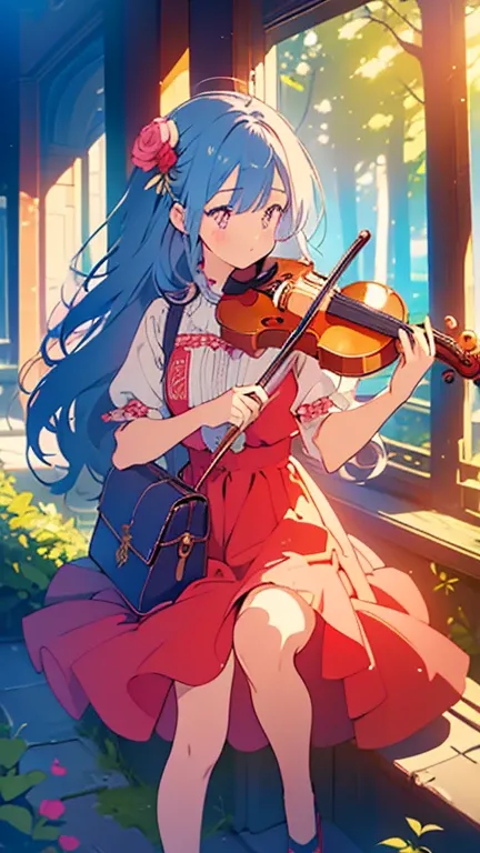 (masterpiece highest quality, highest quality, official art beautiful, beautiful:1.2)1girl, blue hair, braided hair, long hair, red eyes, knee length pink dress with a gold rose pattern, Antique-style explorers bag, full body, enchanted forest, playing a r...