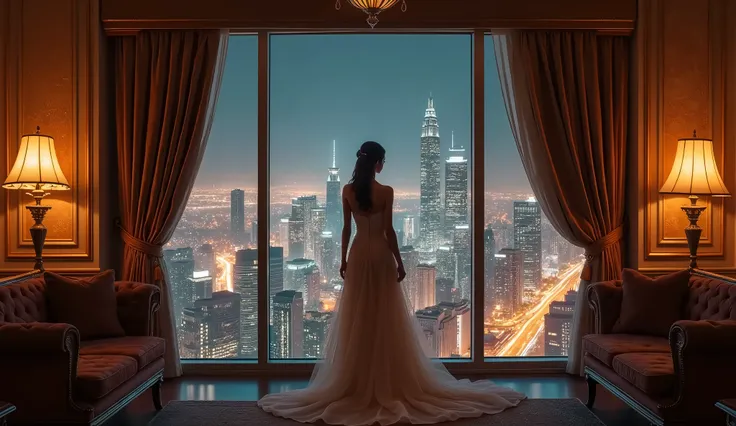 1 elegant model in a big house standing at a big window with stunning panorama above a city at night, elegant dress with high heels, very realistic, realistic skin texture, relaxed pose with one leg, shot with Sony Alpha A6500 1.4f, deep focus, highly deta...