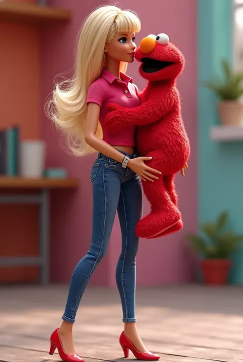 Barbie carried and kissed Elmo on the lips. Barbie is wearing red polo, red high heels, and skinny blue jeans. Elmo is wearing his original clothes in the Sesame Street series. Full height from head to toe and Full body from head to toe. Elmo is quarter th...