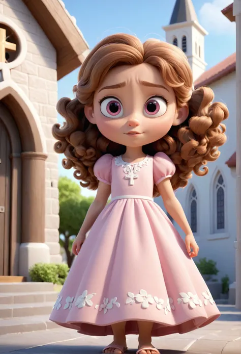 Cartoon character ,  girl, light brown curly hair, black eyes, pink dress, white slipper style sandal, with a bible in hand, in front of the church, Animation character, Stylized character, animation style rendering, Stylized 3D, Stylized 3D rendering, too...