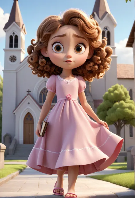 Cartoon character ,  girl, light brown curly hair, black eyes, pink dress, white slipper style sandal, with a bible in hand, in front of the church, Animation character, Stylized character, animation style rendering, Stylized 3D, Stylized 3D rendering, too...