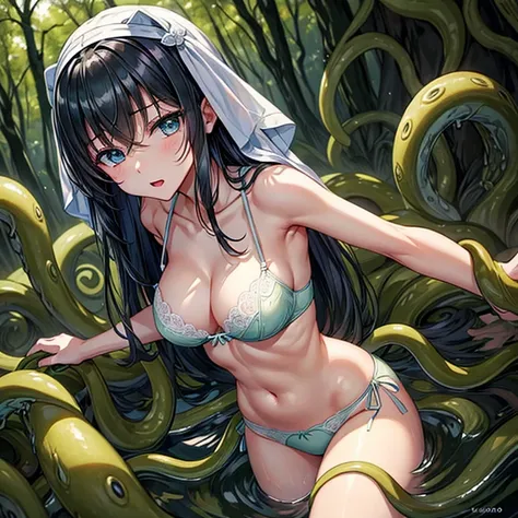 (masterpiece)、(best quality)、１people girls、solo、software、green tentacles、vine、white bra、white panties、japanese、black eyes、a dark...