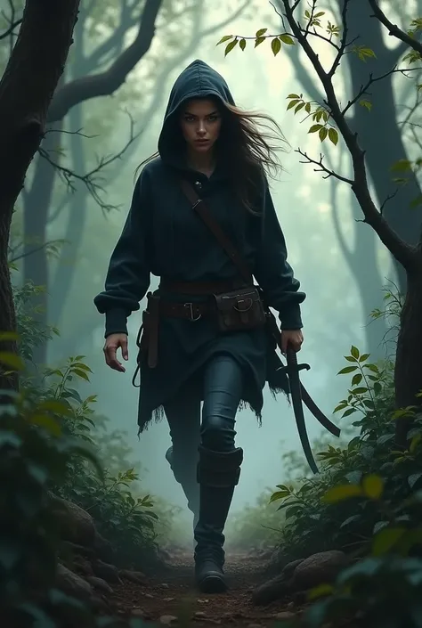 Heres a prompt for you:

*Title:* "Vengeance in the Shadows"

*Scene:* A dense, misty forest, late afternoon. The sunlight filters through the canopy above, casting dappled shadows on the forest floor.

*Character:* A young woman, dressed in a black hoodie...