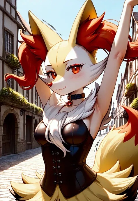 pokemon braixen, adolescent, perfectly done anatomy, whole body, girl, makeup, clothes, collar cinta Choker, short leather, solo, visible genitals, Detailed bust, (Medium bust size:2.0) detailed eyes, detailed furry, detailed hans,  (his legs are shaking),...