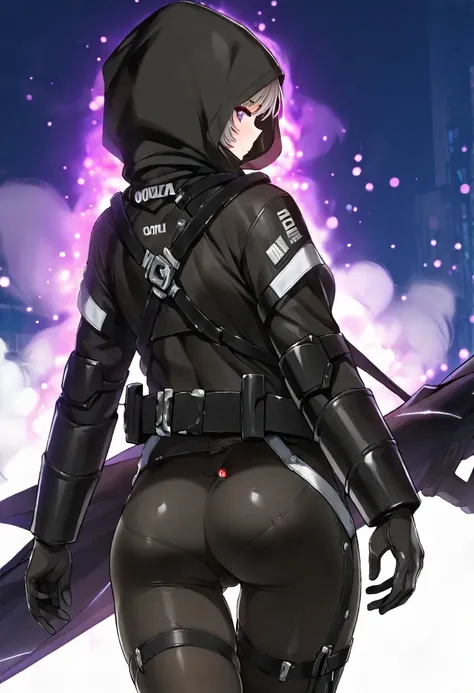 hood, jacket, (((body suit))), black clothes, black wear, (((black tights))),  cowboy shot, back shot, ass, ass line,