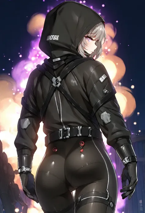 hood, jacket, (((body suit))), black clothes, black wear, (((black tights))),  cowboy shot, back shot, ass, ass line,