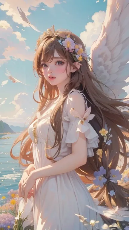 masterpiece},{The best},{(((masterpiece、(A female angel，Long hair，wing，Sea of Flowers，Sky