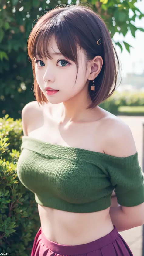 sfw, 1girl,  masterpiece, highly detailed, absurdres, high quality, (aichan:1.5), neat and beautiful girl, beautiful green detailed eyes, short black hair, layered hair, fluffy hair, bangs, glossy lips,
garden, BREAK, ((pink Off-shoulder top)), BREAK, gree...