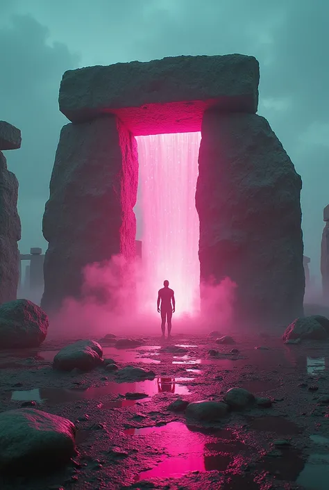  At the site of Stonehenge different Alien lifeforms are levitating through a highly advanced and technologically sophisticated porthole or gateway structure made from rare and precious materials like neon green cyborgs, mechanical botanicals, quartz cryst...