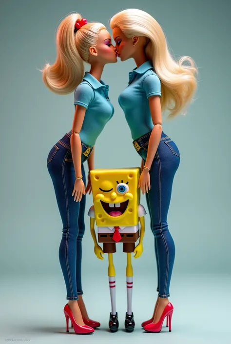 Two Barbies carried and kissed Spongebob Squarepants on the cheeks. Barbies are wearing blue tight sexy polo, blue high heels, and skinny blue jeans. Spongebob is wearing his original clothes in the Spongebob Squarepants  series. Full height from head to t...