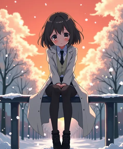 A young anime style, 1, anime style To Love Ru, sitting on top of a grey railing, snow covered park, in a neighborhood in Tokyo city, Many clouds, orange sky, trees in the surroundings, mide 177 cm, She has short dark brown hair with light curls, his eyes ...