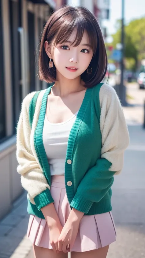 sfw, 1girl,  masterpiece, highly detailed, absurdres, high quality, (aichan:1.5), neat and beautiful girl, beautiful green detailed eyes, short black hair, layered hair, fluffy hair, bangs, glossy lips,
street, (shirt over cardigan top), (sdenim skirt),

8...