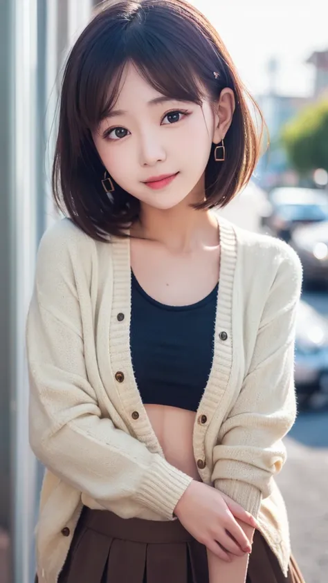 sfw, 1girl,  masterpiece, highly detailed, absurdres, high quality, (aichan:1.5), neat and beautiful girl, beautiful green detailed eyes, short black hair, layered hair, fluffy hair, bangs, glossy lips,
street, (shirt over cardigan top), (sdenim skirt),

8...