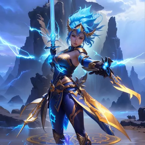 a close up of a woman with a sword in a game, female lightning genasi, goddess of lightning, artgerm julie bell beeple, ne zha from smite, official splash art, epic mage girl character, mystical atlantean valkyrie, zenra taliyah, maya ali as a lightning ma...