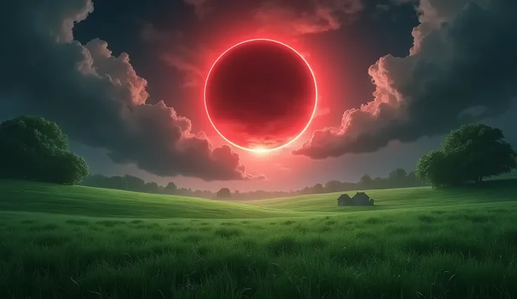 a green field, with a dark red eclipse in the sky with dark clouds around, dynamic view 