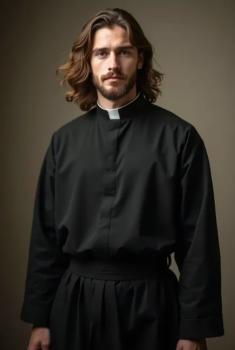 a young priest, beautiful, brown haired, thin beard and cassock. be as realistic as possible, as if it were a photo