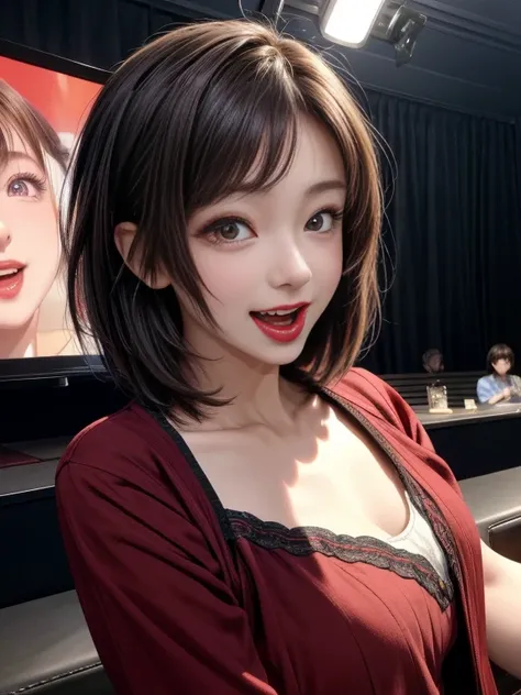 Close-up photo with focus on face:1.4、Close-up of face、(High resolution, Best Quality, masterpiece), (Typical Japanese housewife、40 years old), Shooting from the front、T-shirt、(Watching the audience:1.4), ((Shooting from the front))、Short pixie cut hair、Br...