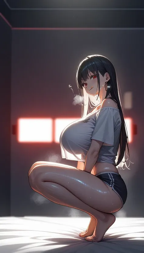 Long black hair、Red eyes、Tsukuyomi Minato, One-off shoulder、Super large size T-shirt、Sparkling sequined high leg lace under bikini、 Super huge breasts, High resolution, Masterpiece Anatomically Correct, Best Quality, high detail, damage, High resolutionモデル...