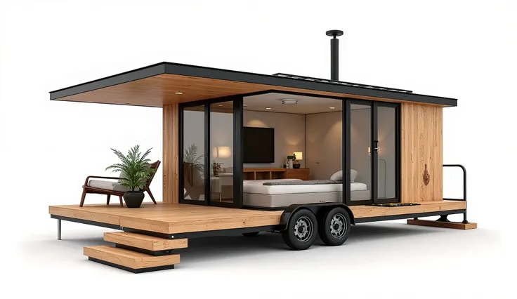 Design a detailed 3D model of a modern mini cabin with an eco-friendly design. The mini cabin should feature a minimalist structure made entirely of sustainable wood and metal. It includes solar panels on the roof, a compact layout with a mezzanine sleepin...