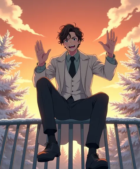 An anime style man, 1, anime style To Love Ru, sitting on top of a grey railing, snow covered park, in a neighborhood in Tokyo city, Many clouds, orange sky, trees in the surroundings, mide 177 cm, She has short dark brown hair with light curls, his eyes a...