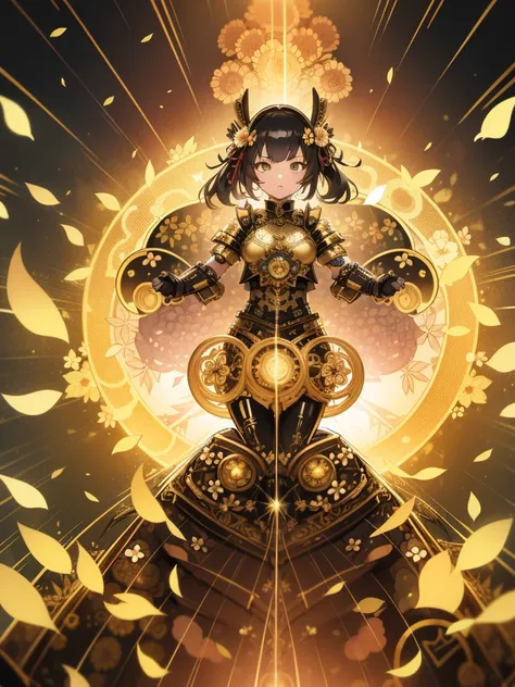 absurdres, highres, ultra detailed, (1girl:1.3), 
shine latex and gold metal intricate steampunk Samurai armor, 
dynamic, psychedelic, fractal patterns, geometric figures, dynamic, pastel colors, 
(flowers, petals), (black and yellow color:1),