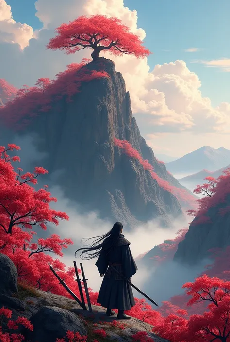 a mountain filled with red flowers, with a tree covered in red flowers at the top of the mountain next to the tree, a samurai with hair flowing in the wind stands, gazing at the scenery the samurai is sad and dramatic, and there are three swords stuck in t...