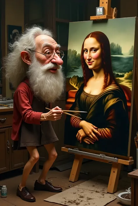 A caricature of Leonardo Da Vinci painting a portrait of the Mona Lisa, Mona Lisa Showing Boobs From Leorando Painting, and he became embarrassed