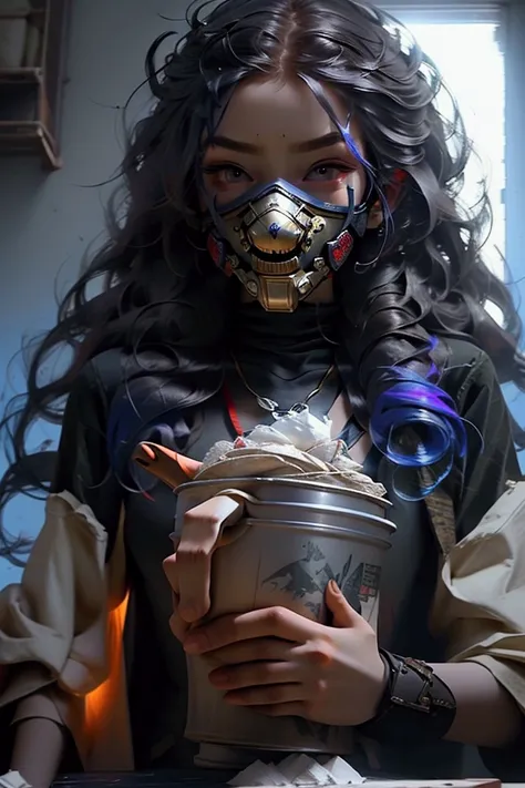 A gamer girl with long messy hair. wearing a mask