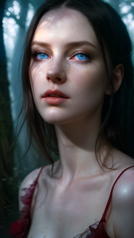 A stunningly beautiful woman with pale skin and dark hair gazes intensely at the viewer, her clear blue eyes captivating. The cinematic, fantasy-inspired scene is captured in a dynamic, hyperrealistic macro shot, showcasing exquisite hand-painted details a...