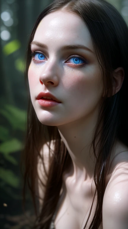 A stunningly beautiful woman with pale skin and dark hair gazes intensely at the viewer, her clear blue eyes captivating. The cinematic, fantasy-inspired scene is captured in a dynamic, hyperrealistic macro shot, showcasing exquisite hand-painted details a...