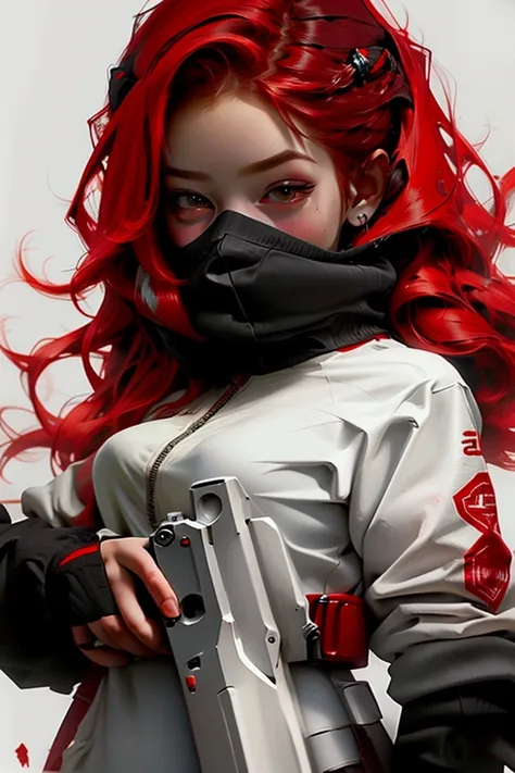 A gamer girl covering face holding a gun with red hair