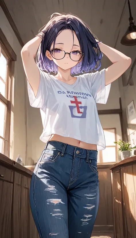 girl, alone, bob hair, Purple gradient hair, forehead, Black-rimmed glasses, smily face, One side of her T-shirt has slipped down, revealing her bra straps., Cross-legged, Short-denim pants, clear skin, Hair tucked behind ear, white t-shirts, bare foot, in...