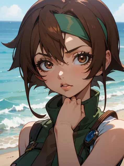 Yuffie_Kisaragi_01 Girls,  Brown eyes, Short hair, head band, Brown hair, sleeveless turtleneck, croptop, Beach, enraptured, Parted lips,(((facefocus))),Close Up Shot,Looking at Viewer,Slouched,((Hands behind the body)),frontage