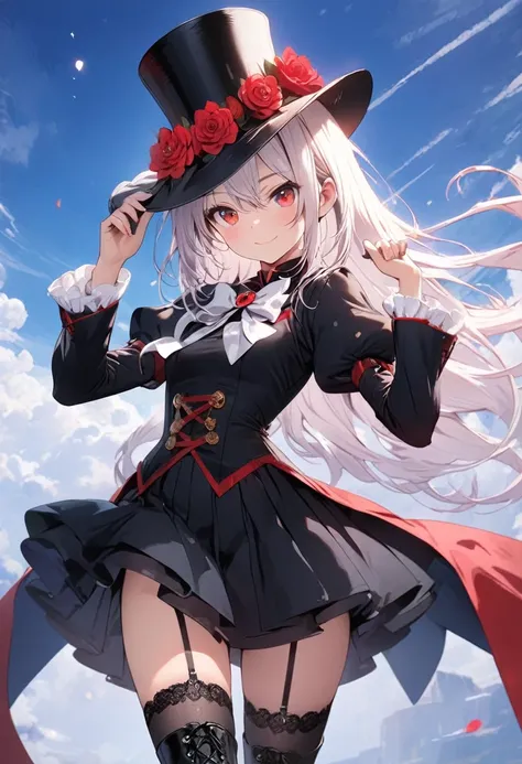 (masterpiece),(best quality),(ultra-detailed),(best illustration),(best shadow),(absurdres),(detailed background), 1girl, solo, hat, garter-straps, thighhighs, top-hat, hat-flower, boots, black-headwear, black-thighhighs, white-hair, knee-boots, skirt, loo...