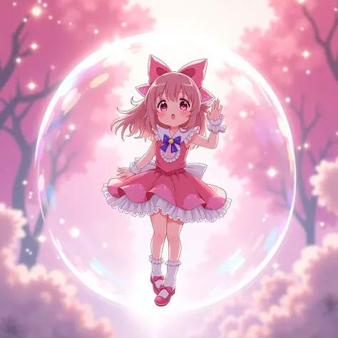 Anime  Magical girl floating inside a bubble embarrassed, 2d anime style pink sparkle background