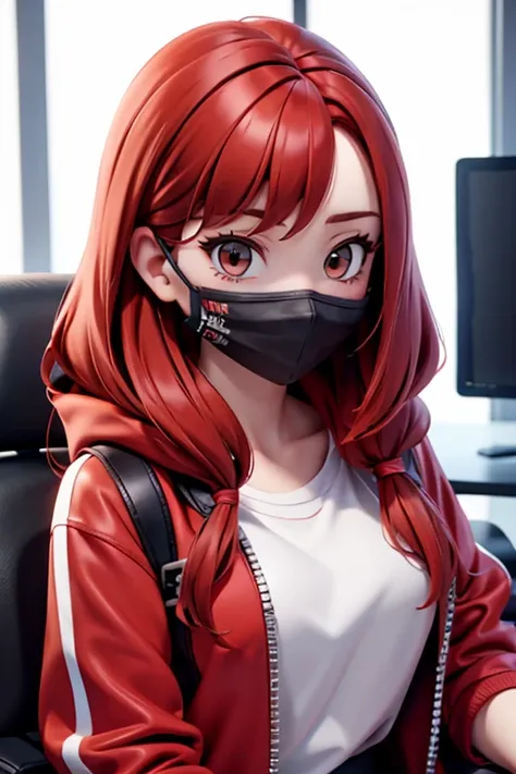 A gamer girl with red hair wearing a gming mask